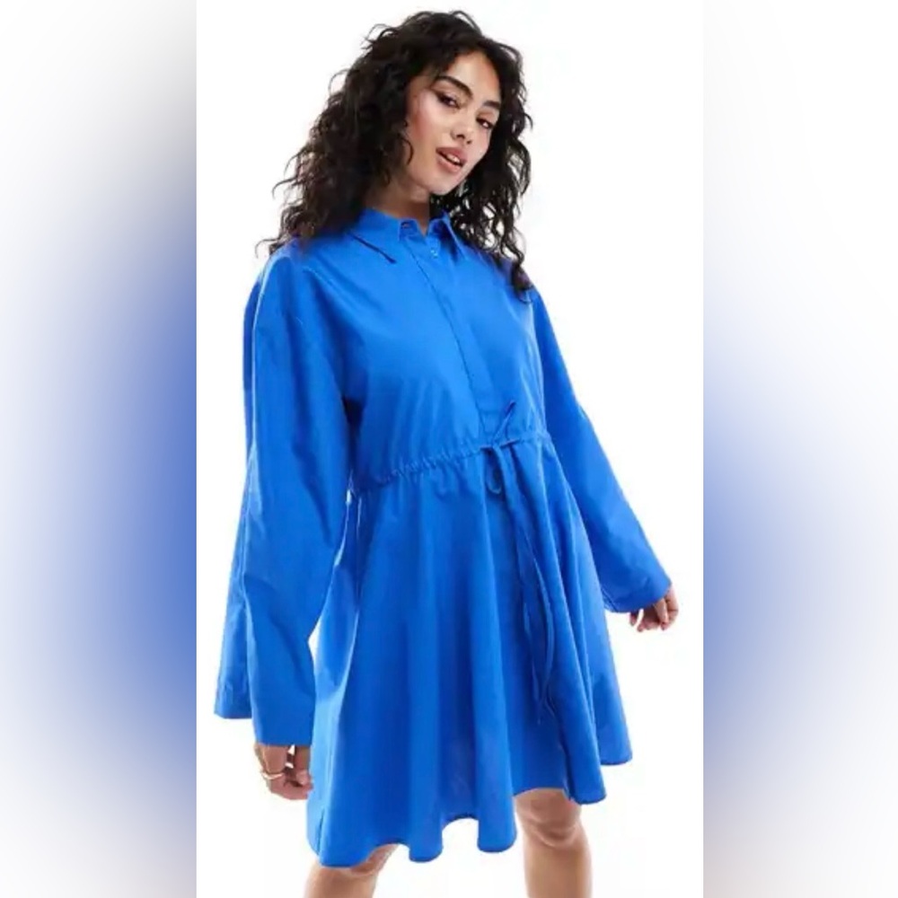 ASOS Women’s Royal Blue Collared Button Down Bell Slit Sleeve Mini Dress 12 NWOT